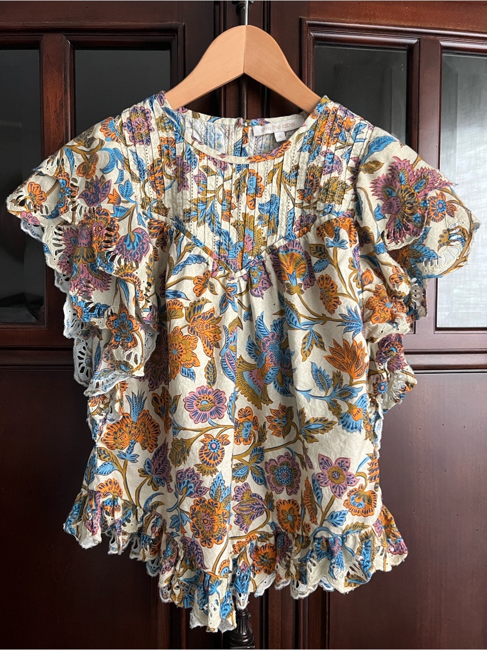 Bohemian Floral Ruffle Blouse - Cream with Blue & Orange